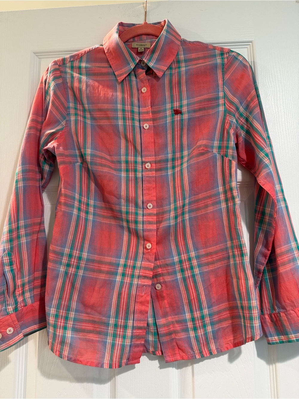 Burberry Coral & Teal Plaid Button-Down Shirt - Girls